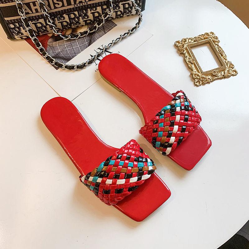 Color-blocking Woven Sandals Slippers Women's All-match Outer Wear Summer Square-toe Flat-bottomed Slippers