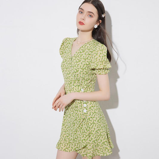 Female Vintage Elegant Short Green Daisy Print Holiday Dress Bubble Sleeves Short Slim Party Dress