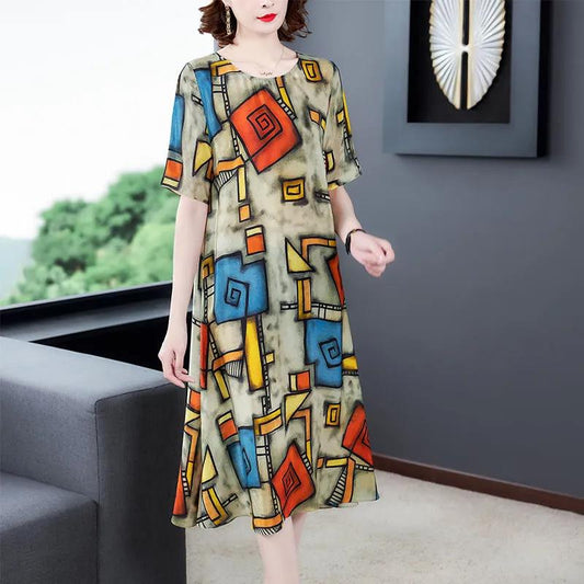 Ice Silk Cool Dress Summer Short Sleeve Dresses Ethnic Casual Comfortable Dress Plus Size Loose for Mom