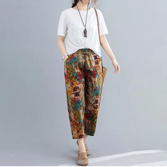 Cotton and Linen Harem Pants Women's Spring High Waist Loose Printed Carrot Pants Nine-point Plus Size Plaid Casual Pants