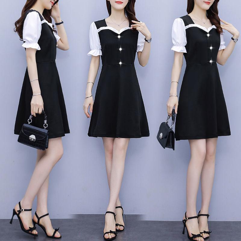Women's High-elastic Short-sleeved Summer Fake Two-piece Waist Large Size Temperament Dress