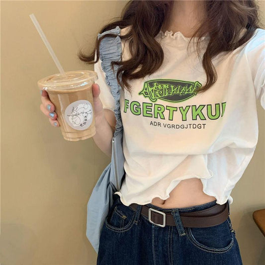 Summer Korean Girls Loose Letter-printed Short-sleeved T-shirt with Curls