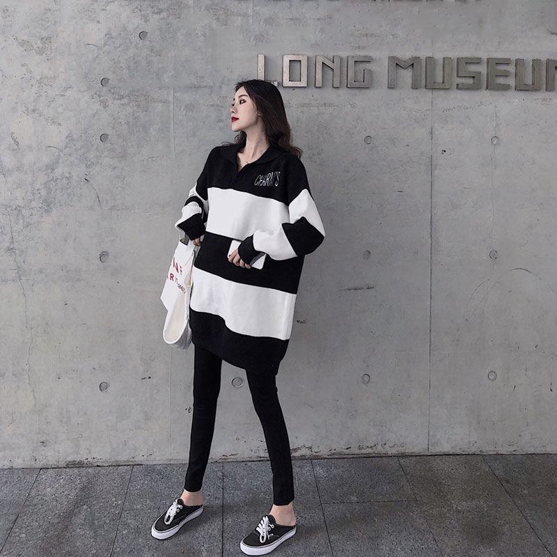 Spring Fashion Simple Sweater Striped Pattern Warm Jacket Mid-length Loose Young Women's Top