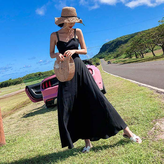 Pofulove Women Solid Camisole Dress Sexy Slim Long Sleeveless Backless A-line Vacation Beach Dress