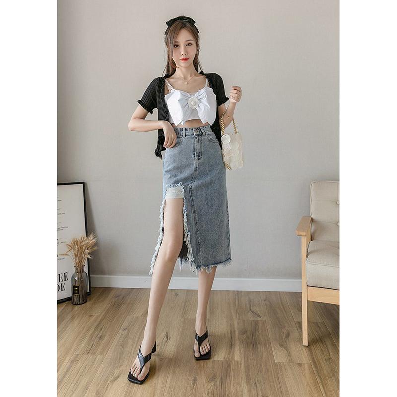 High-waist Denim Skirt Female Spring Summer Looks Thin Split Split Hole Mid-length Hip Skirt A-line Skirt