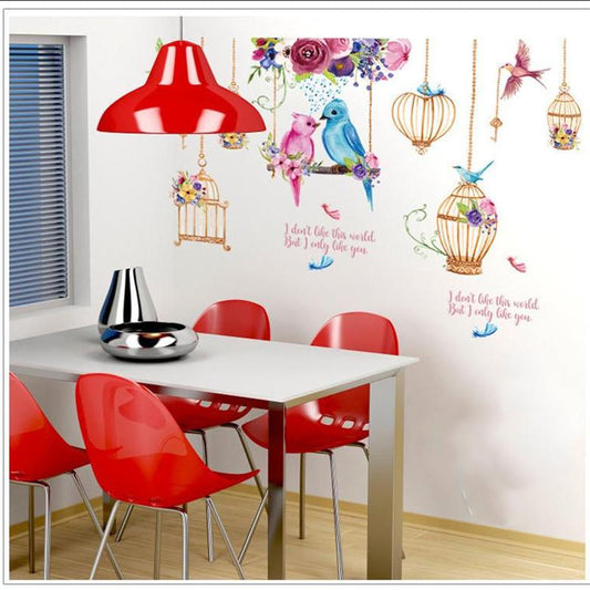 Color Flower Bird Cage Wall Stickers Removable I Like You Romantic Wallpaper