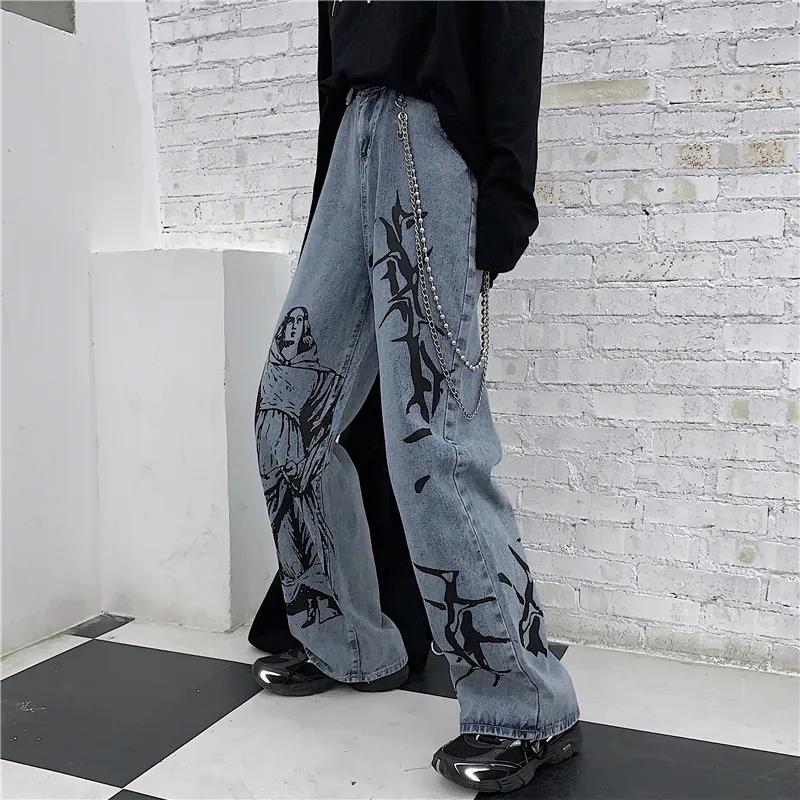 Jeans Men and Women Harajuku Style Street Hip-hop Trousers Printed Retro Washed Loose Wide-leg Daddy Pants Trend