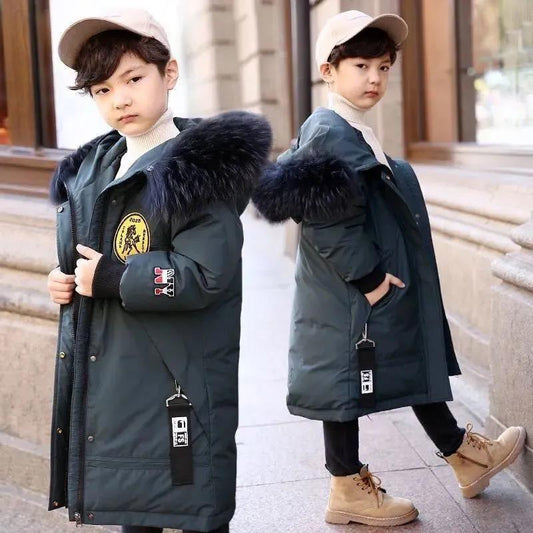 Boys Winter Coat Long Autumn and Winter Middle and Large Children's Down Coat Fashion Hooded Thick Solid Color Cotton Coat