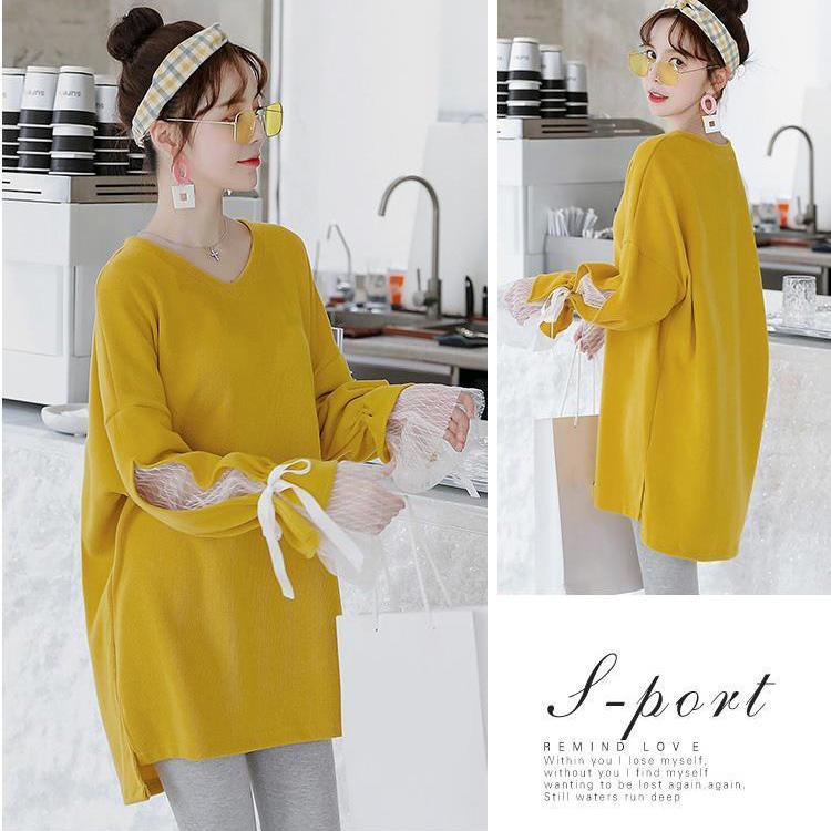 Maternity Clothes Long Sleeve Dress Mid-length Sexy Lace Yarn Bow Strapped Loose Plus Size V-Neck Long Skirt
