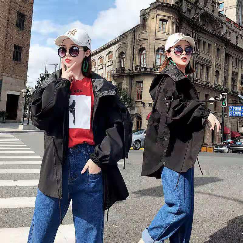 Workwear Windbreaker Women's Mid-length Hooded Loose Jacket with Adjustable Drawstring Women's Warm Short Hooded Jacket