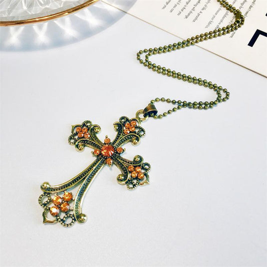 Cross Letter Clavicle Chain Champagne Diamond Crystal Necklace Sweater Chain Accessory