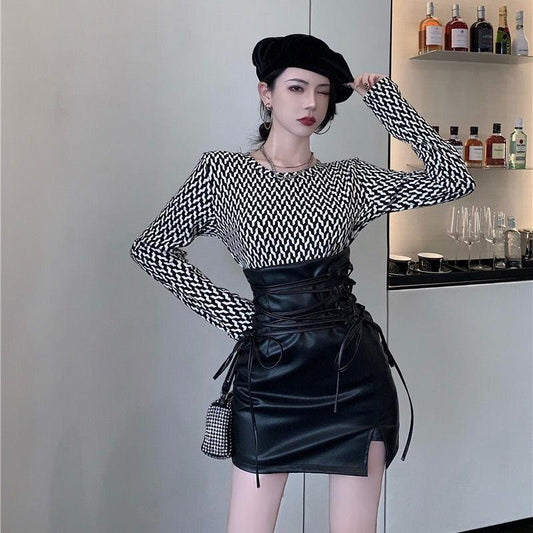 Lace-up High Waist Leather Skirt Women's Spring and Autumn Outer Wear Split PU Leather Skirt