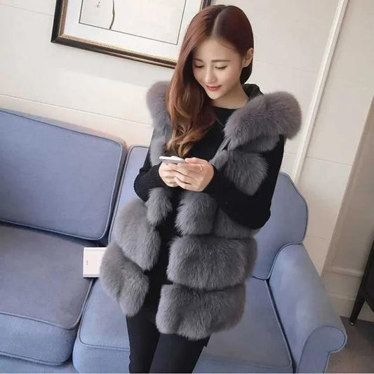 Faux Fur Vest Women's Mid-length Autumn and Winter New Style Hooded Thick Warm Fur Vest Stitching Jacket Women's Comfort and Softness