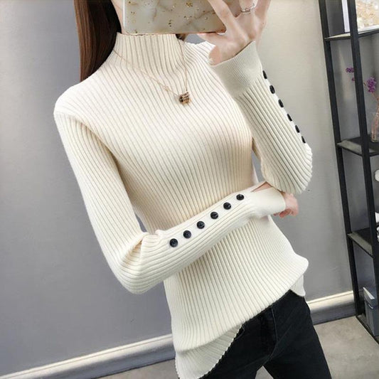 Autumn and Winter Half Turtleneck Loose Bottoming Shirt Button Split Sleeve Sweater Slim Casual Knit Sweater