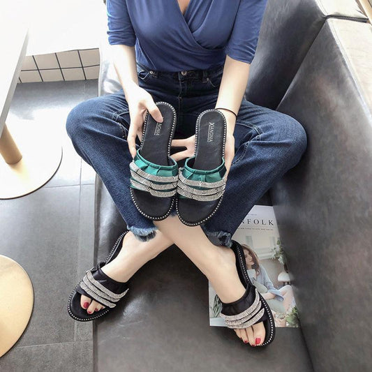 Rhinestone Lotus Leaf Slippers Female Summer Wear 2030 Korean Version of The Wild Word Open Toe Net Red Flat Sandals and Slippers