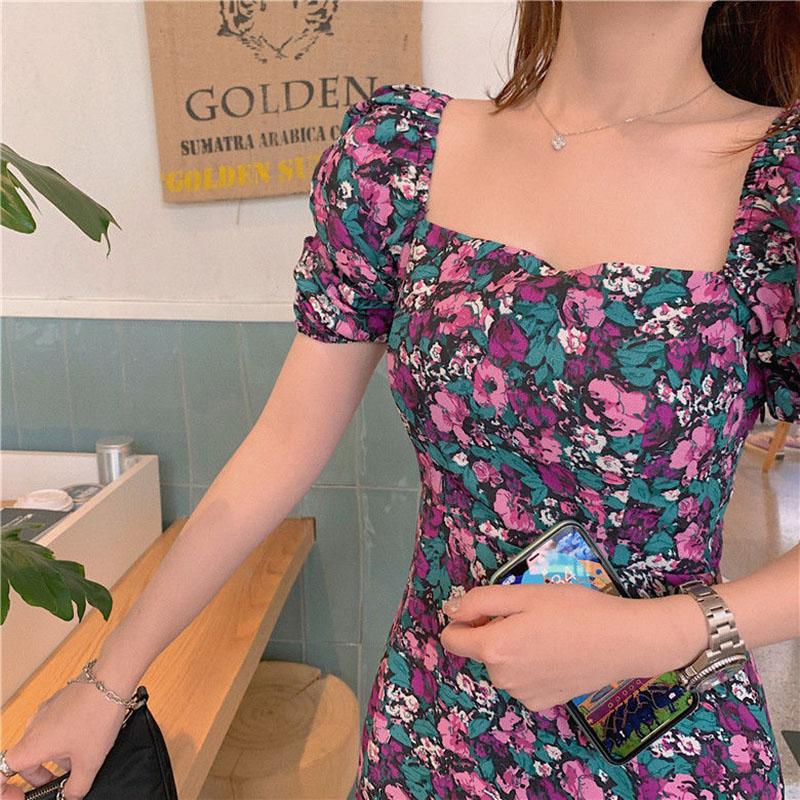Women's Summer Puff Sleeve Floral Skirt Mid Length Slit Square Neck Dress
