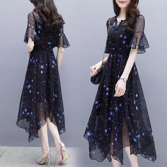 Dress Women Elegant Formal Women's Floral Dress Summer Slim Chiffon Dress Waist Slim Beach Chic Dress