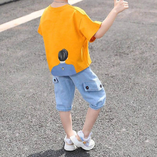 Boys' Summer Suits Solid Color Printing Loose and Breathable Casual Short-sleeved Five-point Jeans Children's Handsome Two-piece Suit
