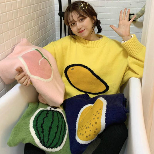 Autumn Winter Small Fresh Interesting Fruit Jacquard Short Outer Wear Sweater Cartoon Sweater Loose Thick Long Sleeved Pullover Sweater
