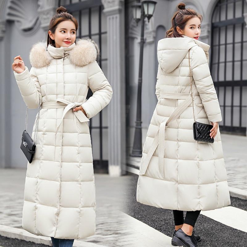 Women's Padded Winter Jacket Warm Hoodies Long Down Jacket with Fur Hood Down Quilted Jacket