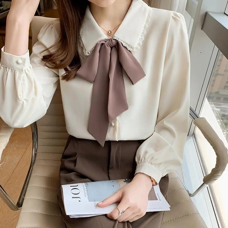 Doll Neck Ribbon Bow Solid Color Chiffon Shirt Shirt Women's Long Sleeve French Puff Sleeve Shirt Spring and Autumn