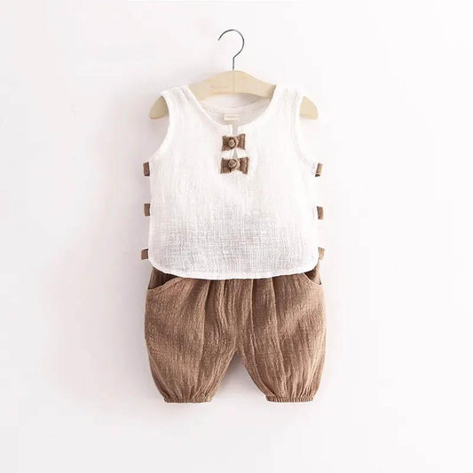 Boys and Girls Cotton and Linen Vest Suit Baby Summer Breathable Cool Two-piece Baby Comfortable Thin Loose Casual Clothes