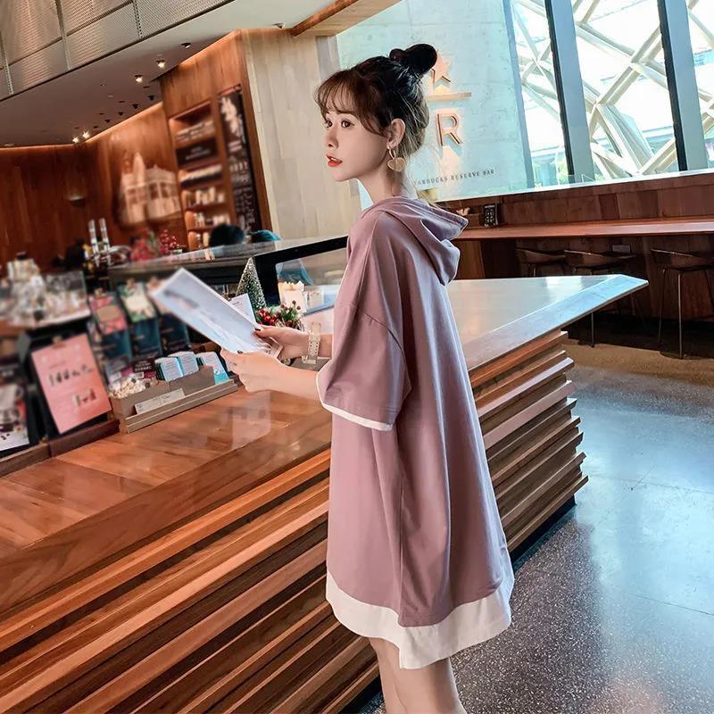 Hooded Long T-shirt Dress Women Girl Loose Casual Big Loose Home Comfort Outer Convenient above knee Dress