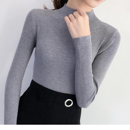 Autumn and Winter Half Turtleneck Short Sweater Long-sleeved Bottoming Solid Color Top