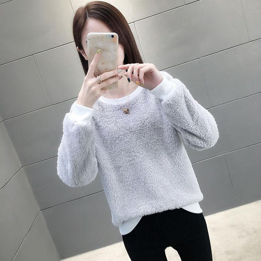 women's Winter Crew neck yellow sweater warm long sleeve female velvet bottoming loose Pullovers