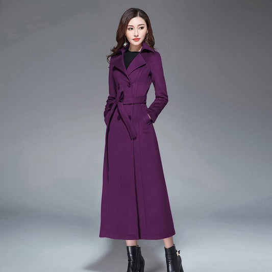 Cotton Thickened Over-the-knee Coat Women's Super Long Waist Autumn and Winter Solid Color Woolen Coat Slim Fit Thick Woolen