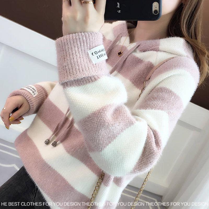 Women Stripe pullover hoodie sweatshirt Contrast mohair Pullover Turtleneck sweater Jumper