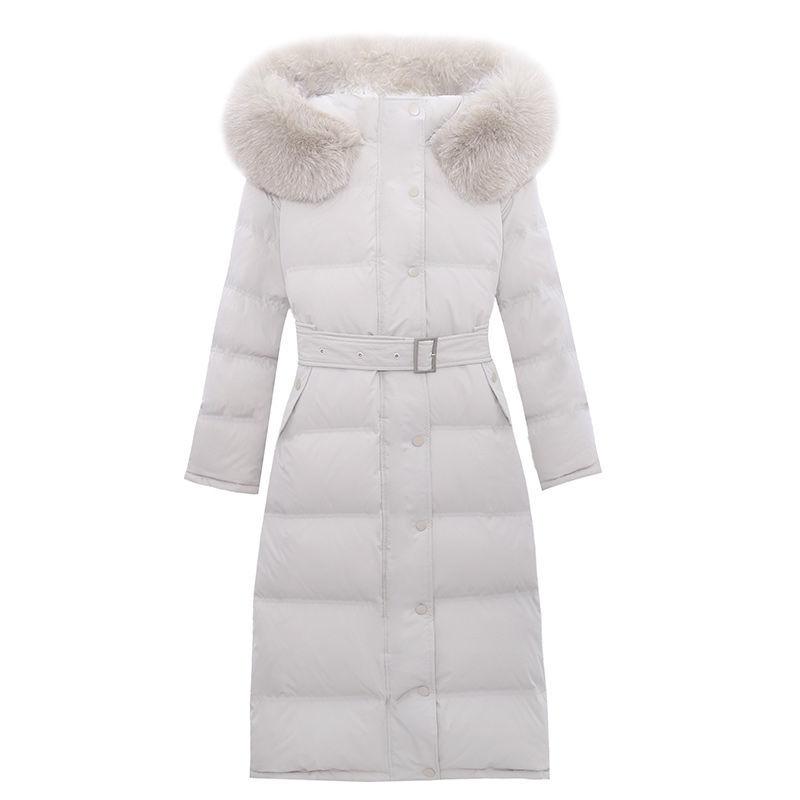 White Duck Down Long Knee-waisted Fluffy Big Fur Collar Hooded Down Jacket Women's Winter Warmth Long Cotton Jacket Parker Jacket