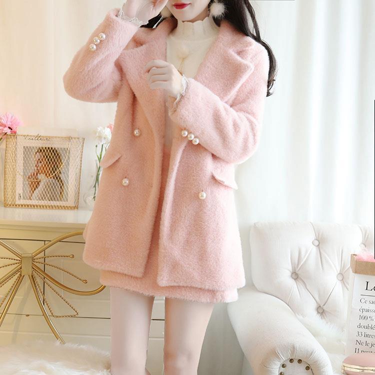 Fashionable Beaded Mink Fur Female Jacket Winter Fashion Skirt Suit