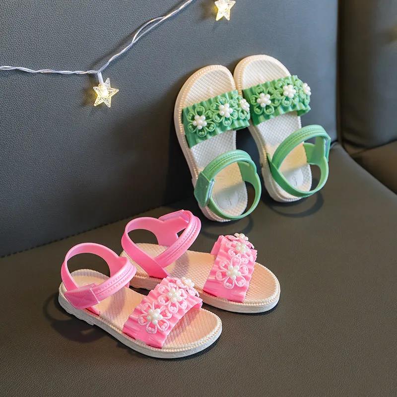 Girls Sandals Girls Summer Soft Sole Beach Sandals Anti-slip Beads Decoration Casual Princess Light Sandals