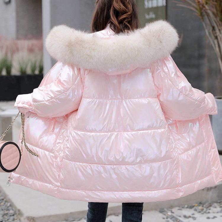 Bright Face Down Jacket Women's Cute Candy Color Loose Large Size Fluffy Big Fur Collar Hooded Down Jacket Loose Cotton Jacket