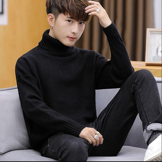 Autumn and Winter High Neck Men's Sweater Personality Youth Loose Knit Sweater Long Sleeve Solid Color Warm Top