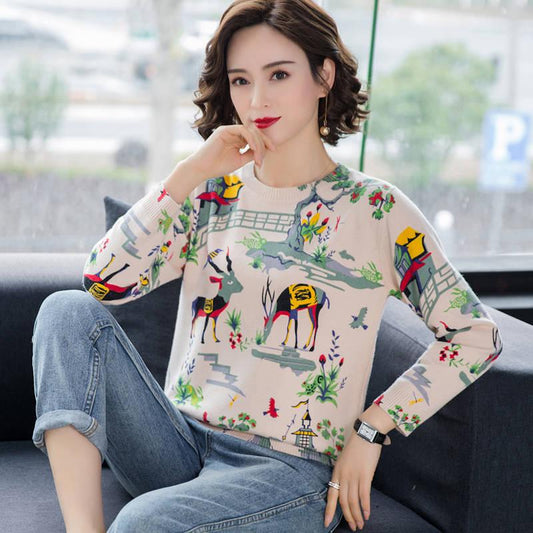 Spring and Autumn Printed Pullover Sweater Women Thin Knitted Bottoming Sweater
