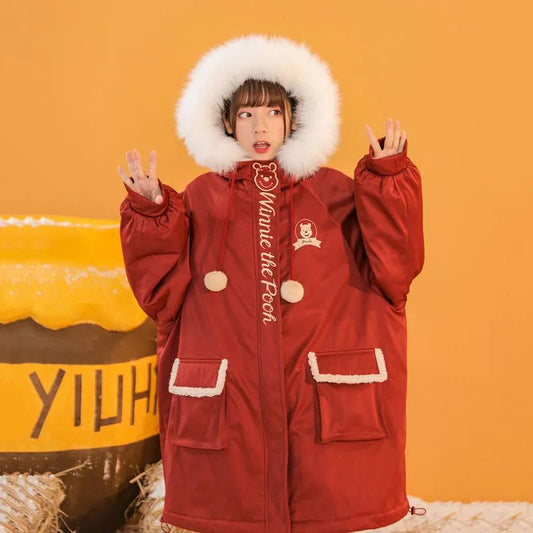 Big Fur Collar Padded Jacket Winter Clothes Cute Bear Ears Hair Ball Mid-length Plus Velvet Thick Padded Coat Student Girl