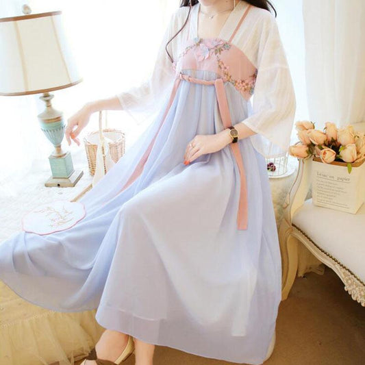 Chinese Improved Han Dynasty Clothing Dress Summer Female Student Embroidered Antique Ancient Costume Fairy High Waist Mid-sleeve Chiffon Long Skirt