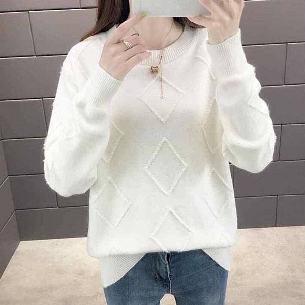 Fashion All-match Sweater Round Neck Loose Casual Bottoming Shirt Diamond Pattern Knitted Young Women's Top