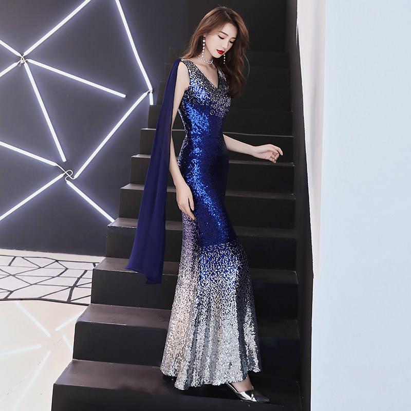 Shining Slim Long Sleeve Party Dinner Dress Women Split Sexy Clothes