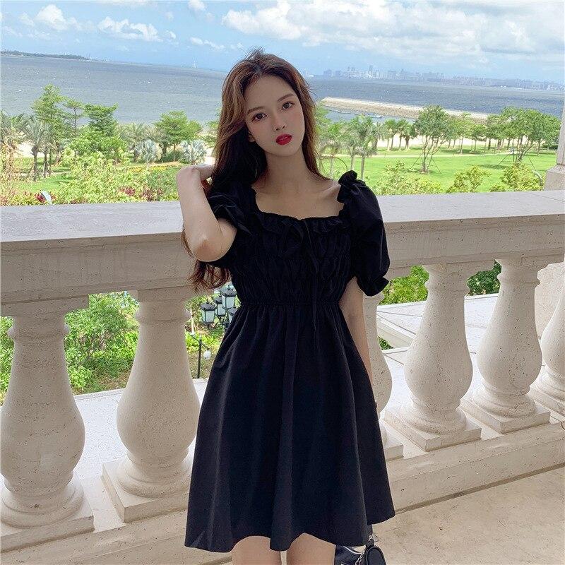 Summer Backless Pleated Ruffle Square Neck Bubble Sleeve Dress A-line Pure Black Casual Dress
