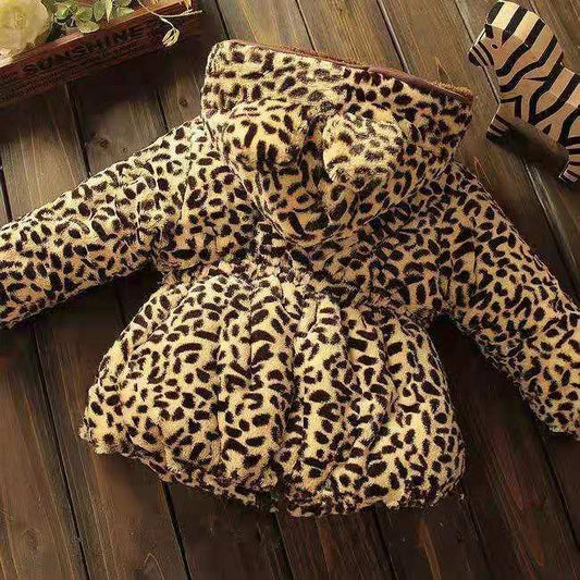 Baby Girl Plus Velvet Coat Fleece Linning Hooded Jacket Girl Thick Leopard Coat Outwear