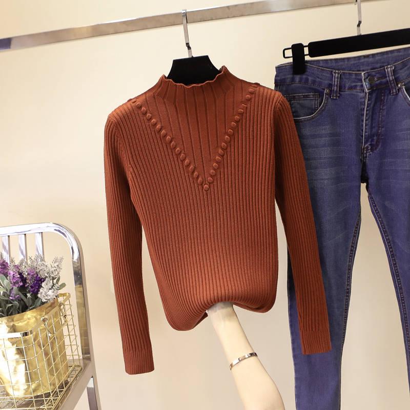 Half High Neck Women's Sweater Korean Fashion Plus Fleece Sweater Student Loose Thick Base Shirt