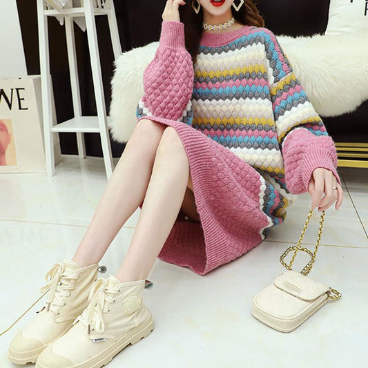 Autumn Winter Mid-length Sweater Skirt Women Loose Casual Fashion Pullovers Long Sleeve Knit Bottoming Skirt Women