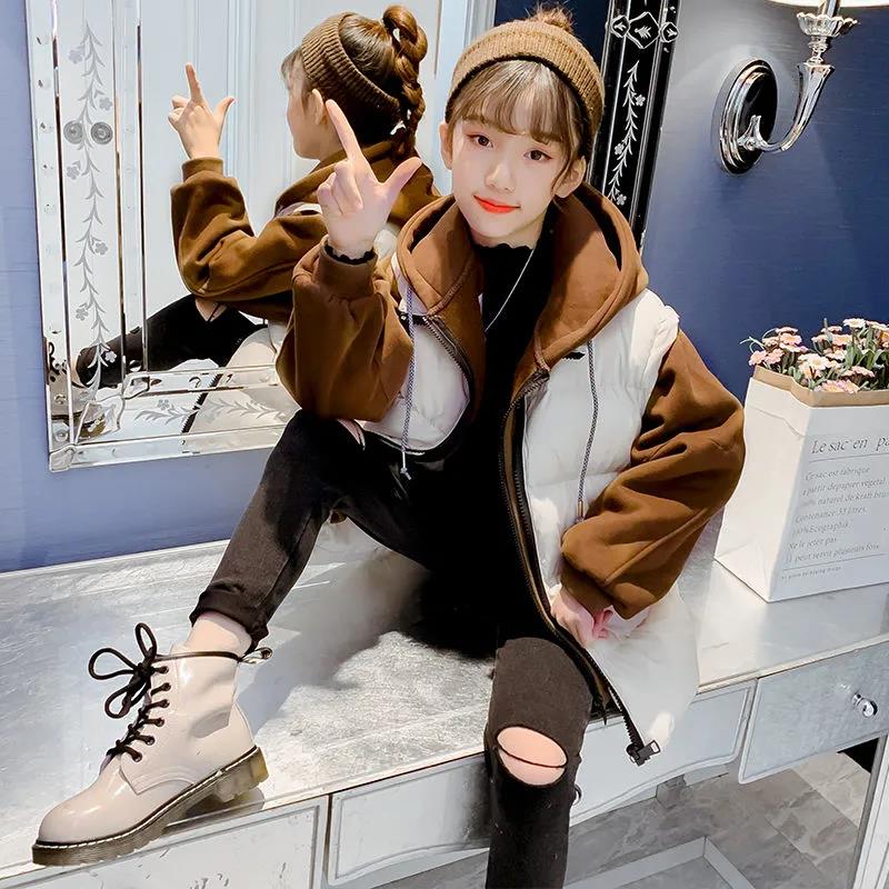 Girls' Warm Cotton Coat Thick Stitching Winter Padded Jacket Windproof Hooded Cotton Jacket