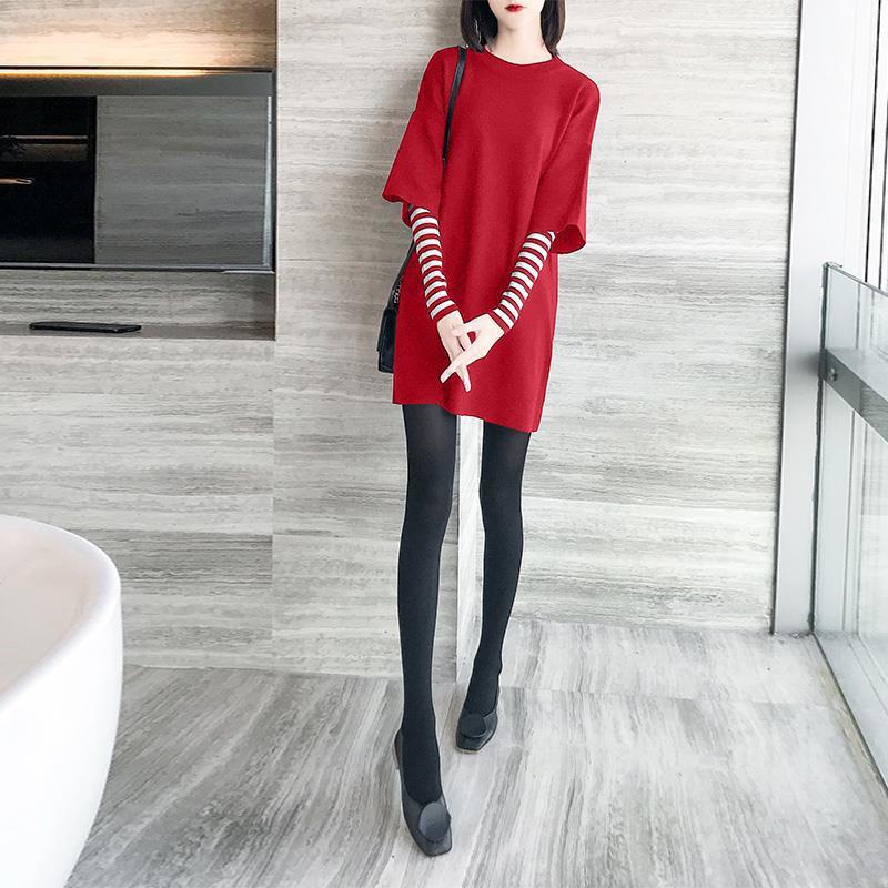 Autumn and Winter Thick Casual Jacket Mid-length Round Neck Red Sweater Slim Dress