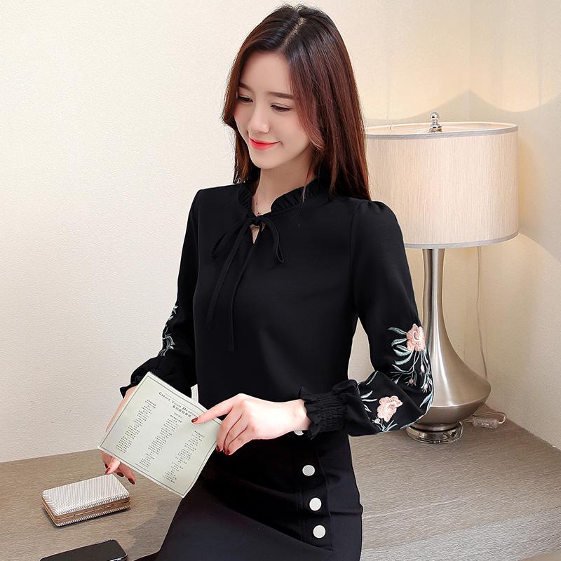 Embroidery Flowers Women Shirts Tops Long Sleeve Casual Chiffon Blouse Stand Collar Plus Size Shirt