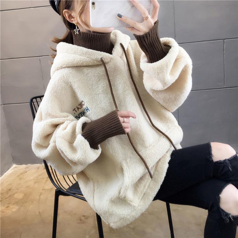 Faux Lamb Plush Hoodie Women's Fall/winter Loose Hooded Plus Velvet Thick Coat Women's Simple Warm Jacket Is Soft and Comfortable