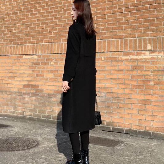 Autumn and Winter Large Size Black Woolen Coat Women's Long Over-the-knee Woolen Coat Loose Thick Coat